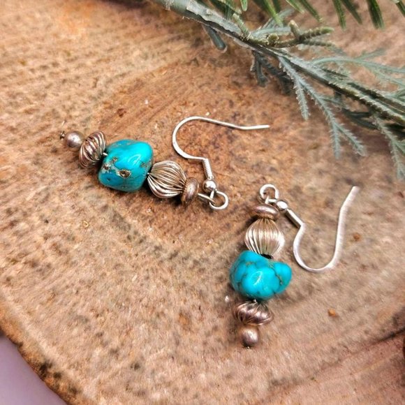 Beautiful Nature Turquoise Raw Stone Sterling S925 Dangle Earring - Picture 3 of 10